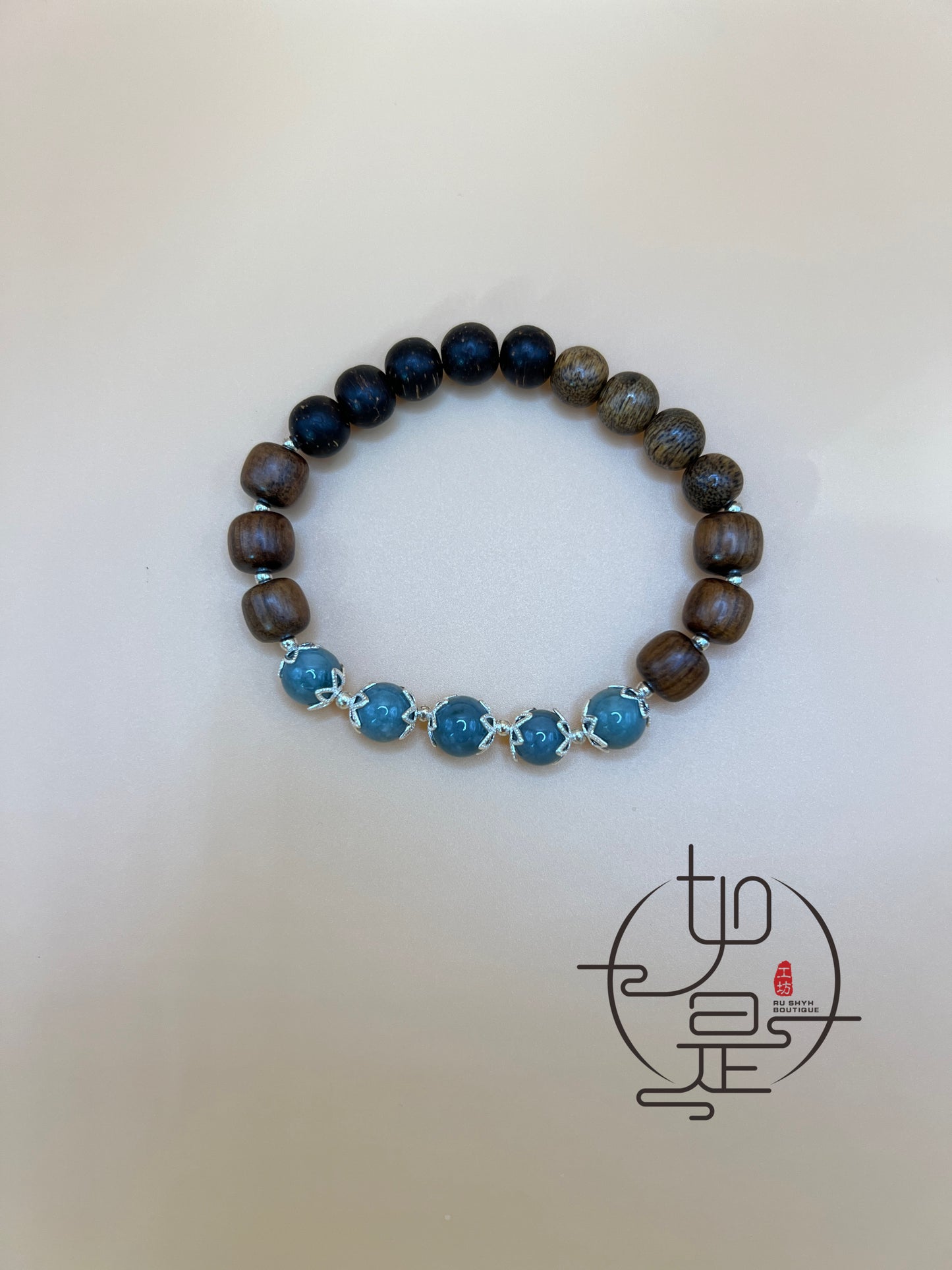 Blue Feicui jade and wood beads bracelet