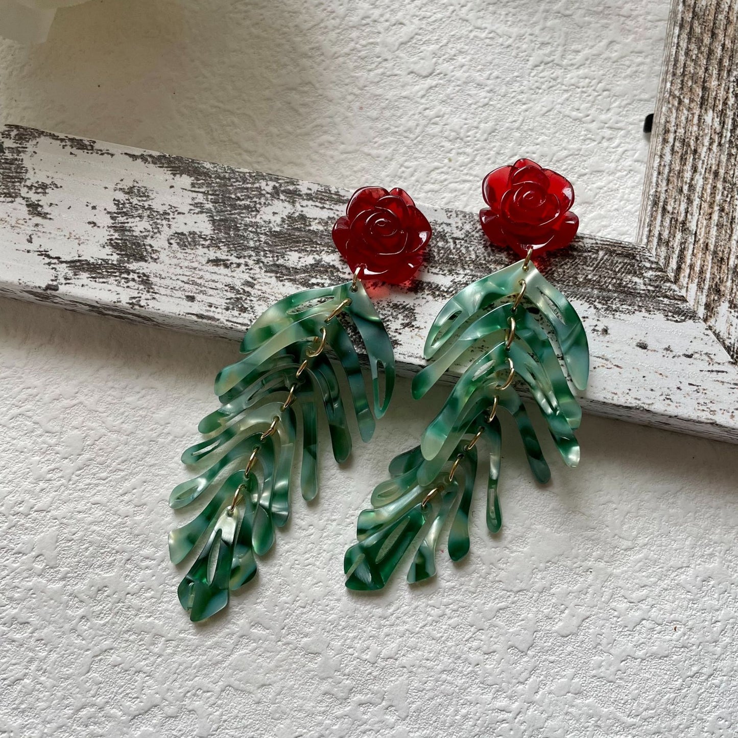 Vintage red rose green leaf tassel earrings holiday style earring