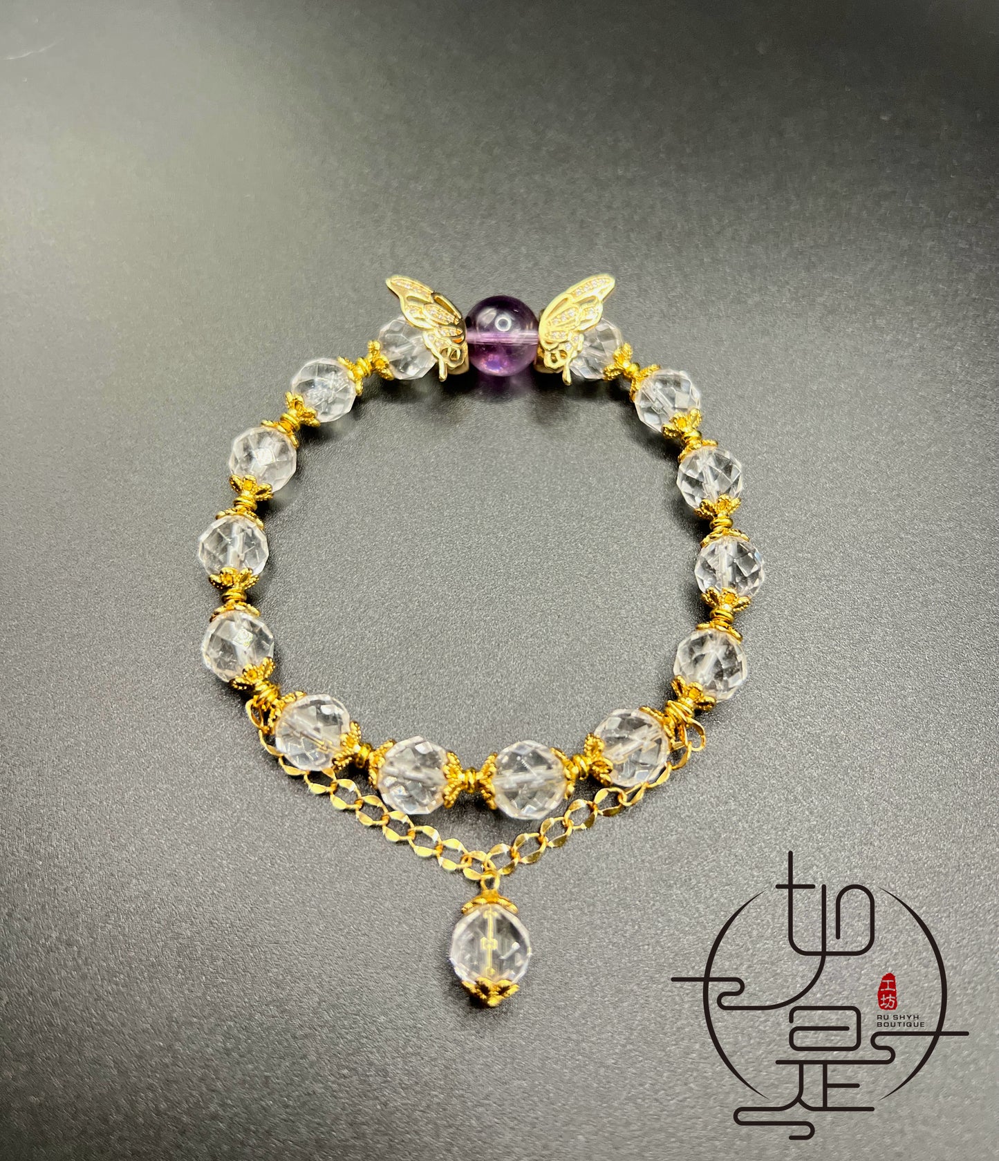 Rock quartz and Amethyst Butterfly Bracelet