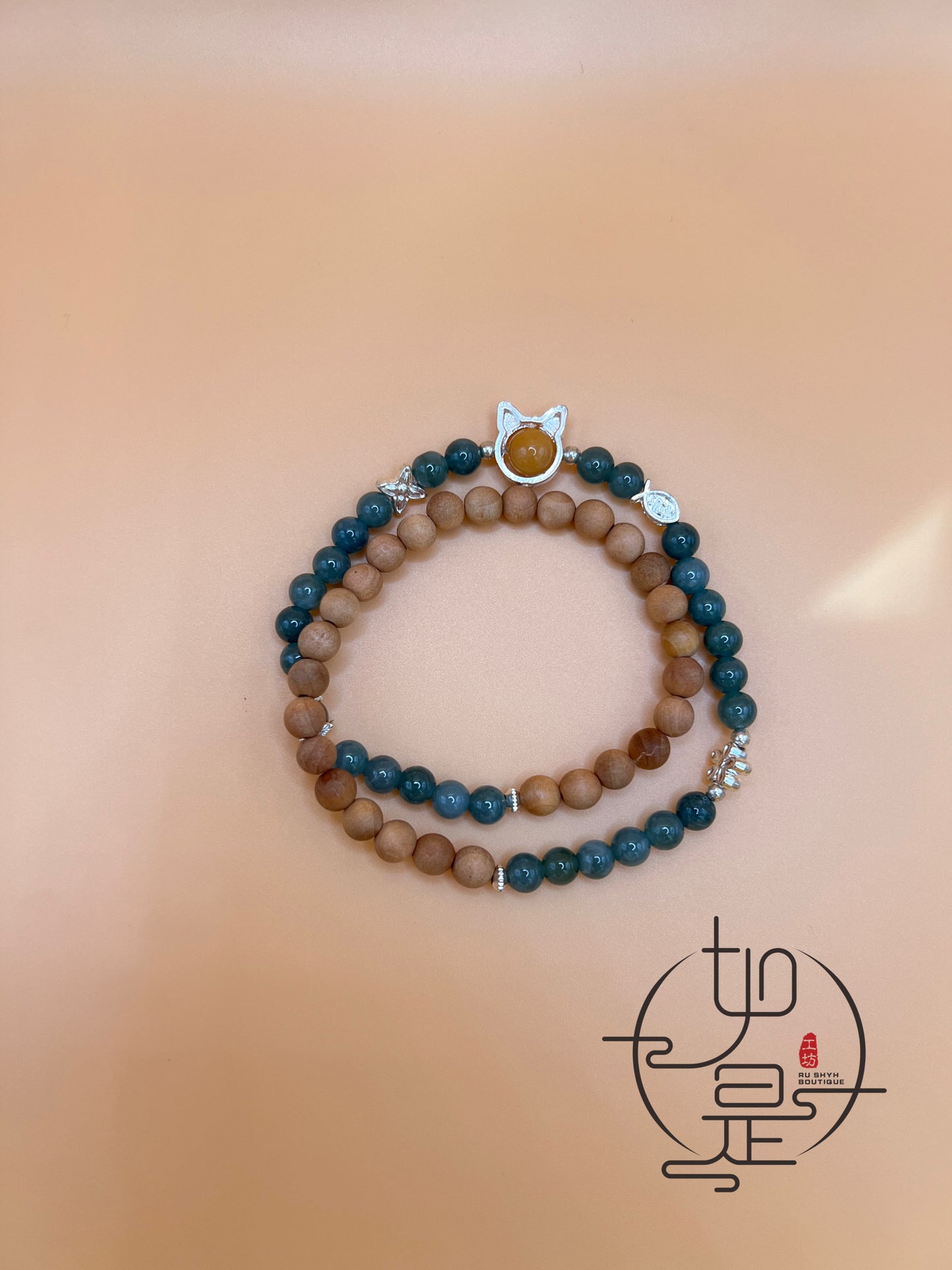 Two layer blue Feicui jade baby beads cat bracelet