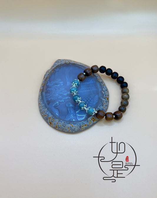 Blue Feicui jade and wood beads bracelet