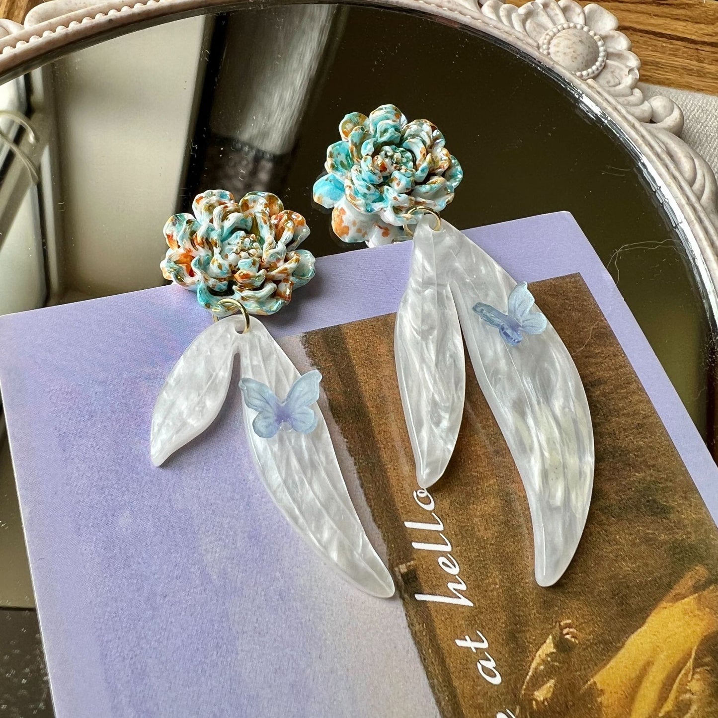 Super fairy blue hibiscus earrings gradient flower white petals light blue butterfly earrings