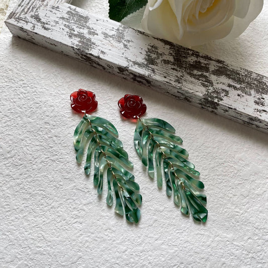 Vintage red rose green leaf tassel earrings holiday style earring