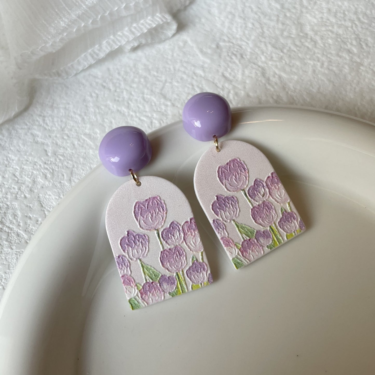 Purple oil painting style retro landscape painting tulip acrylic three-dimensional relief print earrings