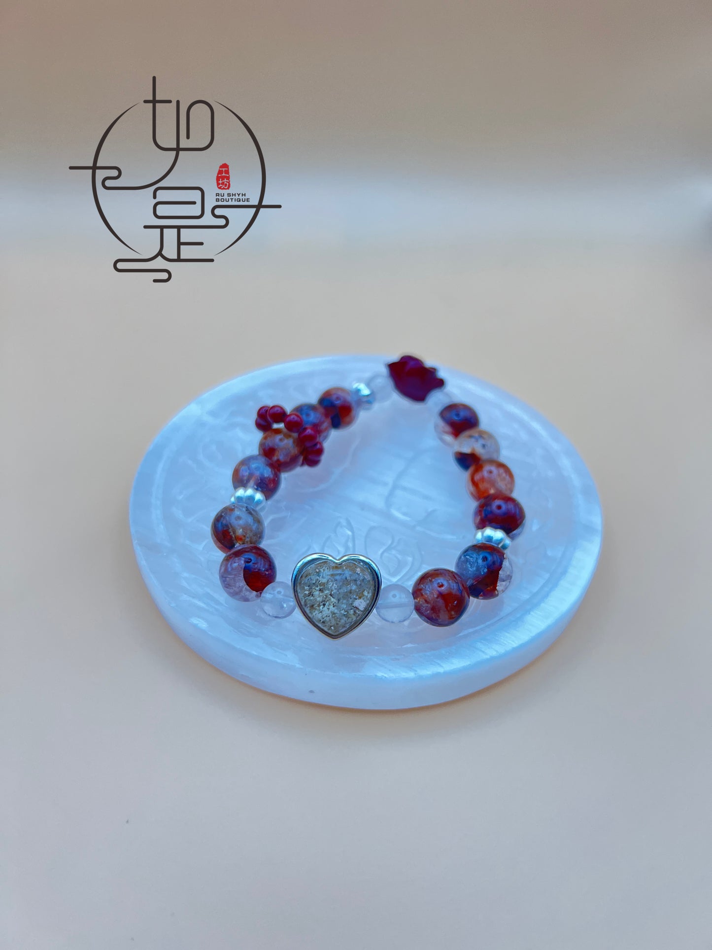 Red Hematoid Quartz Beaded Bracelet with Cinnabar Rose