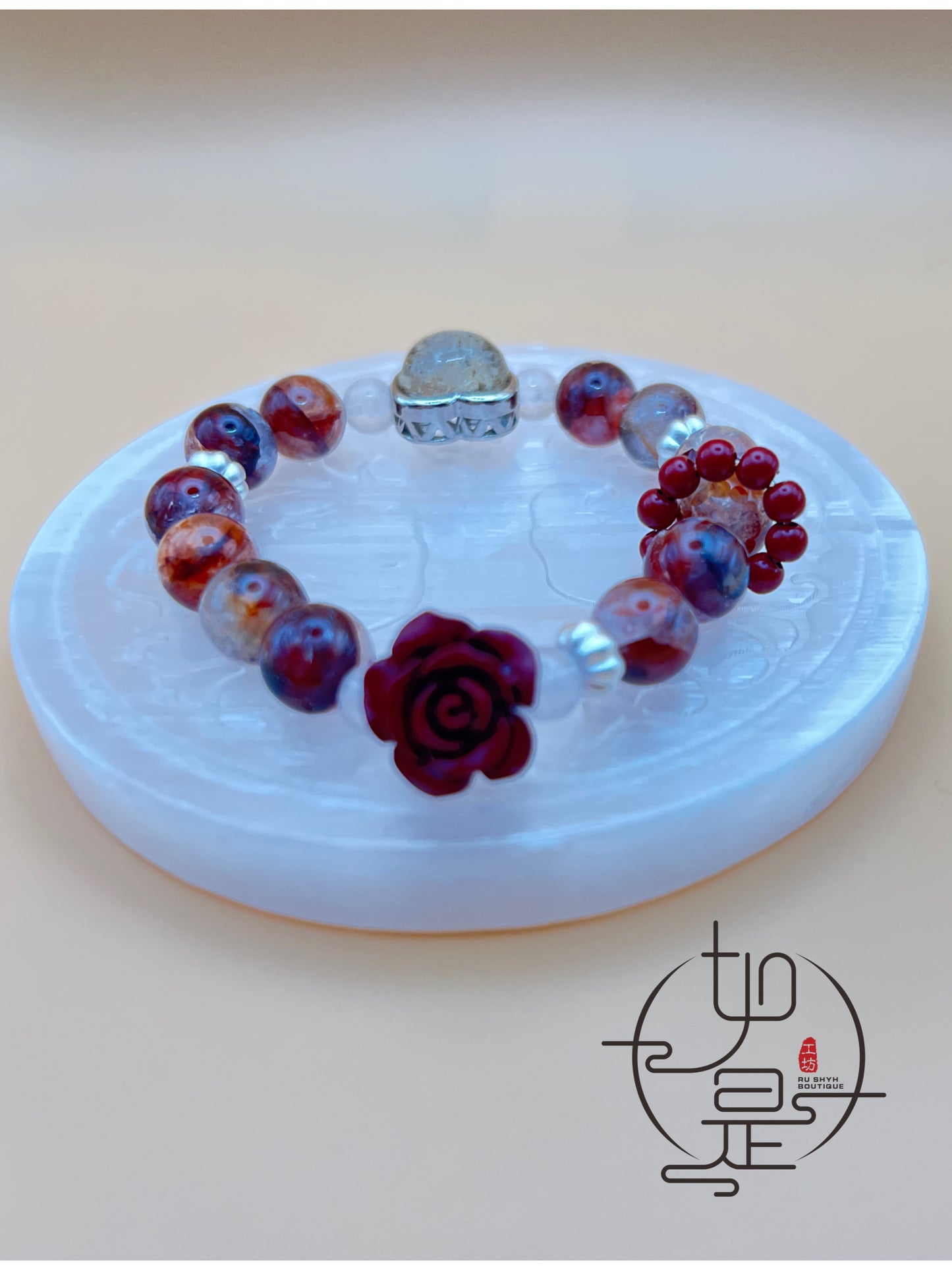 Red Hematoid Quartz Beaded Bracelet with Cinnabar Rose